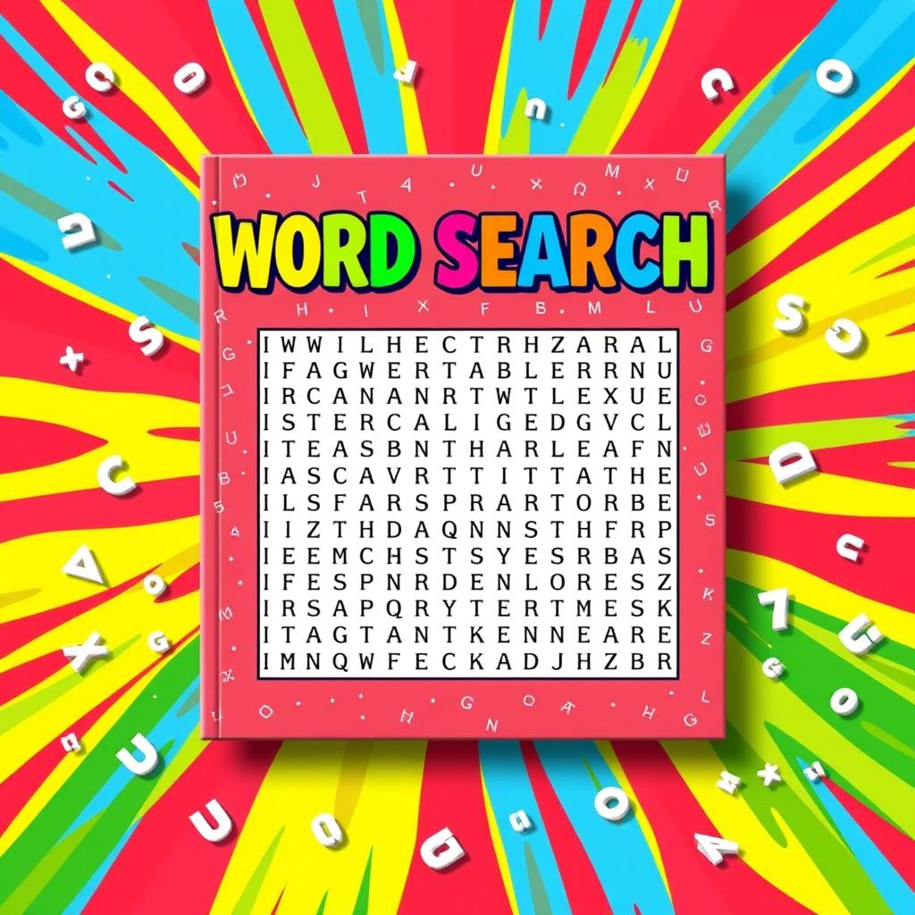 A vibrant and colorful book cover design for a word search book, featuring a bold word search diagram prominently displayed in the center