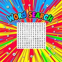A vibrant and colorful book cover design for a word search book, featuring a bold word search diagram prominently displayed in the center