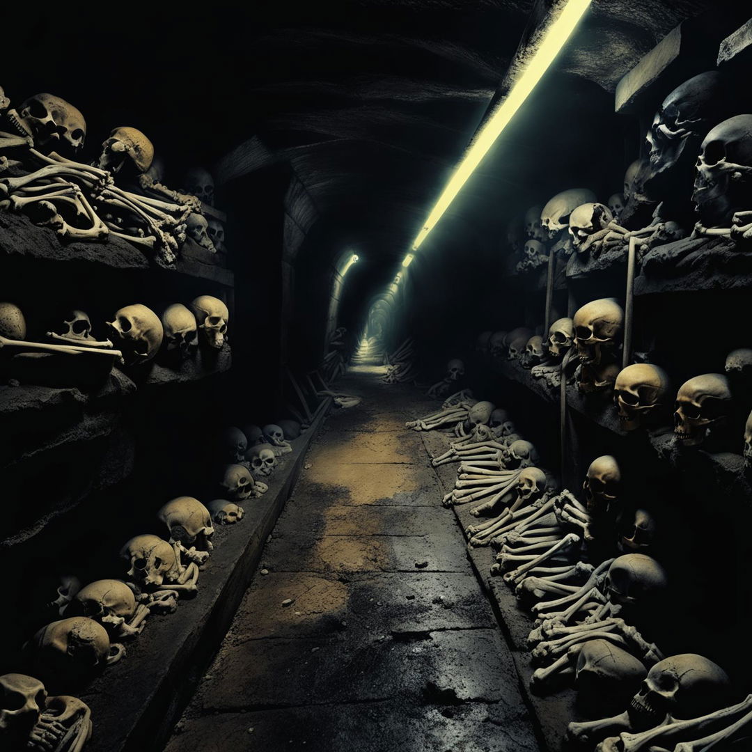 A high-quality digital art image depicting the depths of the Paris catacombs, illuminated by the beam of a flashlight