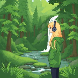 A serene nature scene in simple pixel art style, featuring a lush green forest with a flowing waterfall and a gentle stream