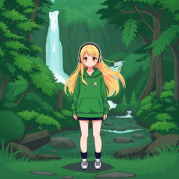 A serene nature scene in simple pixel art style, featuring a lush green forest with a flowing waterfall and a gentle stream