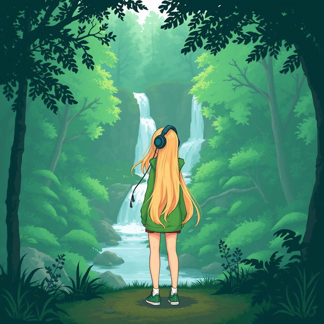 A serene nature scene in simple pixel art style, featuring a lush green forest with a flowing waterfall and a gentle stream