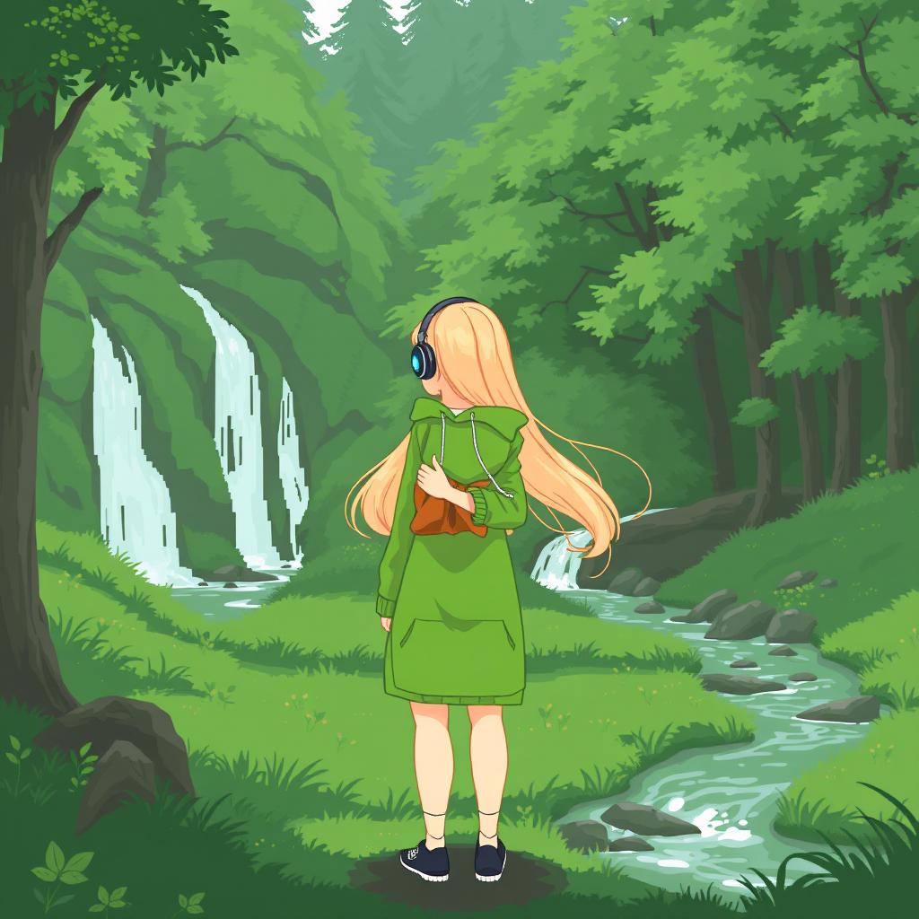 A serene nature scene in simple pixel art style, featuring a lush green forest with a flowing waterfall and a gentle stream