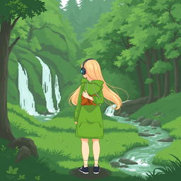 A serene nature scene in simple pixel art style, featuring a lush green forest with a flowing waterfall and a gentle stream