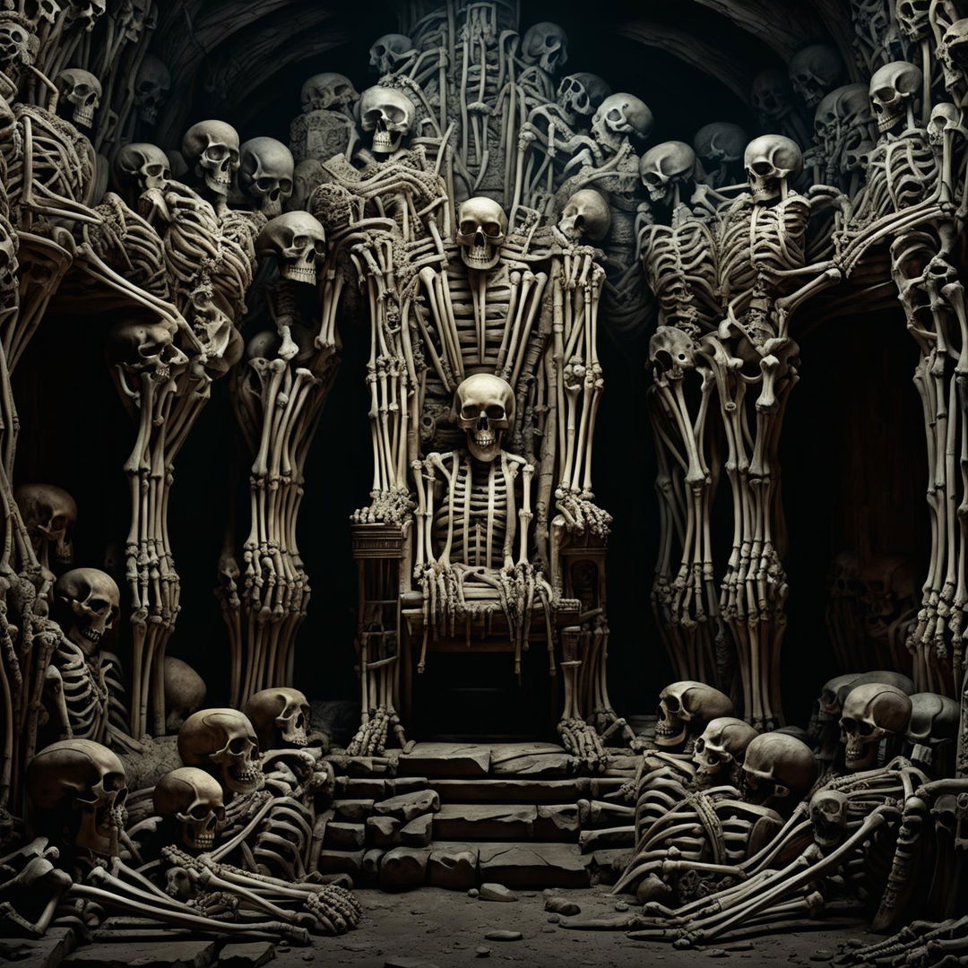 A high-quality digital art image of the Paris catacombs, featuring a throne made entirely of human bones