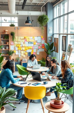 A vibrant and creative workspace filled with diverse professionals collaborating on innovative ideas for a fictional business
