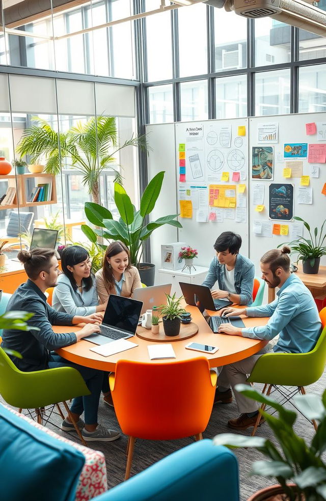 A vibrant and creative workspace filled with diverse professionals collaborating on innovative ideas for a fictional business