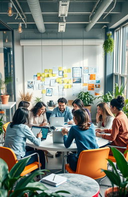 A vibrant and creative workspace filled with diverse professionals collaborating on innovative ideas for a fictional business