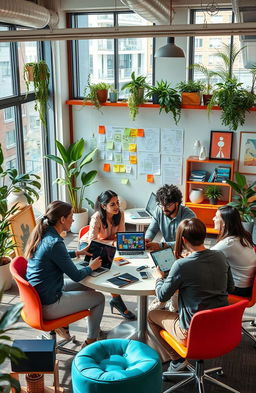 A vibrant and creative workspace filled with diverse professionals collaborating on innovative ideas for a fictional business