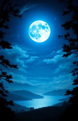 A mystical blue moon glowing in a starry night sky, surrounded by wispy clouds