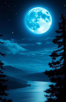 A mystical blue moon glowing in a starry night sky, surrounded by wispy clouds
