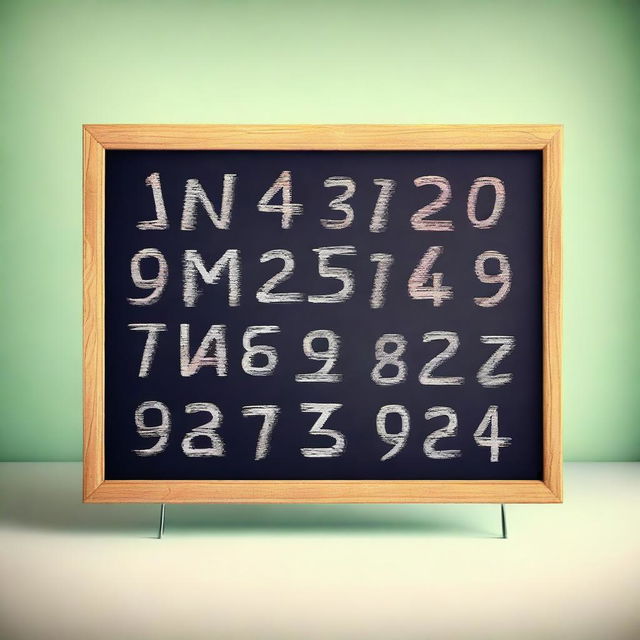 This is a 3D digital rendering of a cute, medium-sized blackboard with handwritten letters and numbers