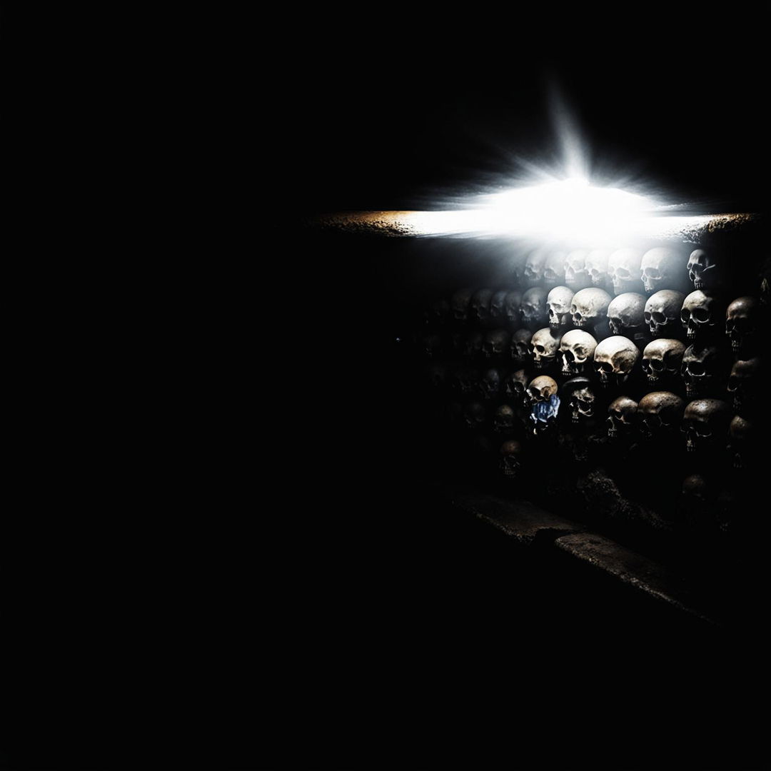 A high-quality digital art image that takes us deep into the Paris catacombs, illuminated by the beam of a flashlight