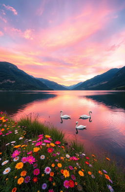 A serene landscape featuring a tranquil lake surrounded by lush green mountains under a vibrant sunset sky filled with soft pink and orange hues