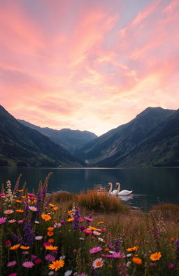 A serene landscape featuring a tranquil lake surrounded by lush green mountains under a vibrant sunset sky filled with soft pink and orange hues