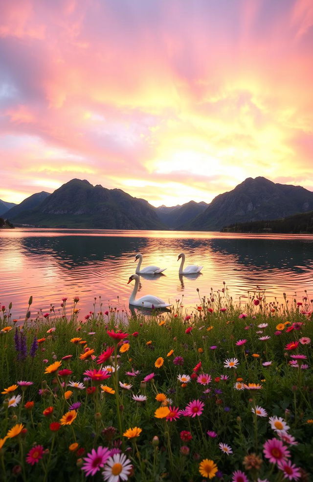 A serene landscape featuring a tranquil lake surrounded by lush green mountains under a vibrant sunset sky filled with soft pink and orange hues