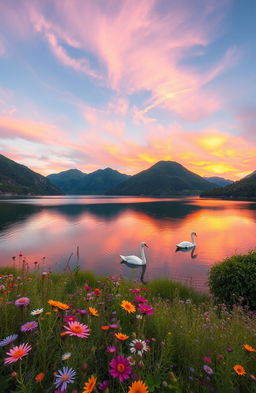 A serene landscape featuring a tranquil lake surrounded by lush green mountains under a vibrant sunset sky filled with soft pink and orange hues
