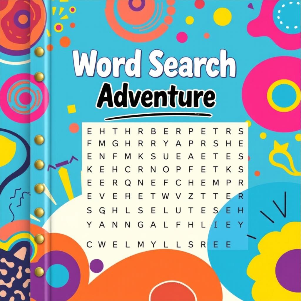 A vibrant cover design for a Word search book featuring abstract images in bright colors, such as swirling patterns, geometric shapes, and playful designs that evoke curiosity