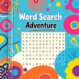 A vibrant cover design for a Word search book featuring abstract images in bright colors, such as swirling patterns, geometric shapes, and playful designs that evoke curiosity