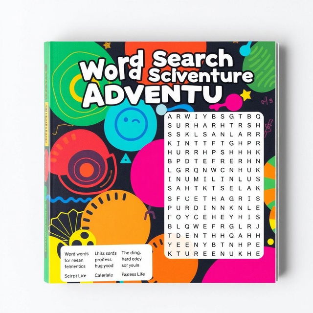 A vibrant cover design for a Word search book featuring abstract images in bright colors, such as swirling patterns, geometric shapes, and playful designs that evoke curiosity