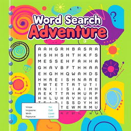 A vibrant cover design for a Word search book featuring abstract images in bright colors, such as swirling patterns, geometric shapes, and playful designs that evoke curiosity