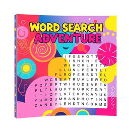 A vibrant cover design for a Word search book featuring abstract images in bright colors, such as swirling patterns, geometric shapes, and playful designs that evoke curiosity