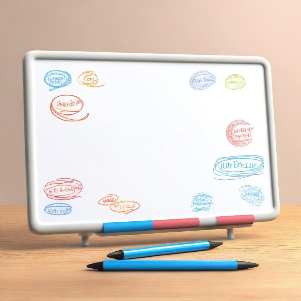 This is a high-quality 3D digital illustration of a cute, standard-sized whiteboard with multicolored dry erase markers' scribbles