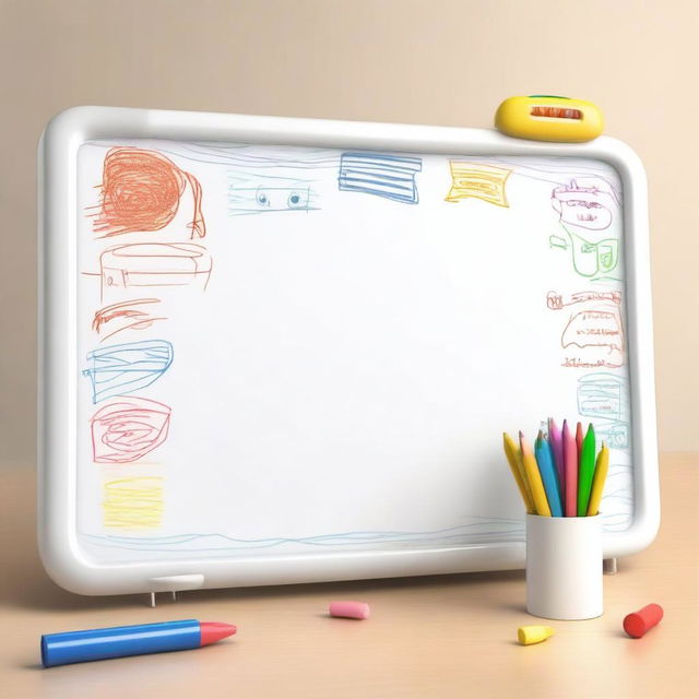 This is a high-quality 3D digital illustration of a cute, standard-sized whiteboard with multicolored dry erase markers' scribbles