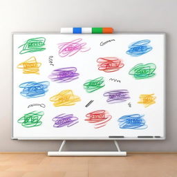 This is a high-quality 3D digital illustration of a cute, standard-sized whiteboard with multicolored dry erase markers' scribbles