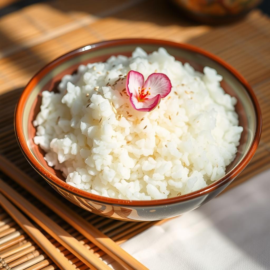 A beautifully arranged plate of steaming, fluffy white rice served in a traditional Japanese bowl