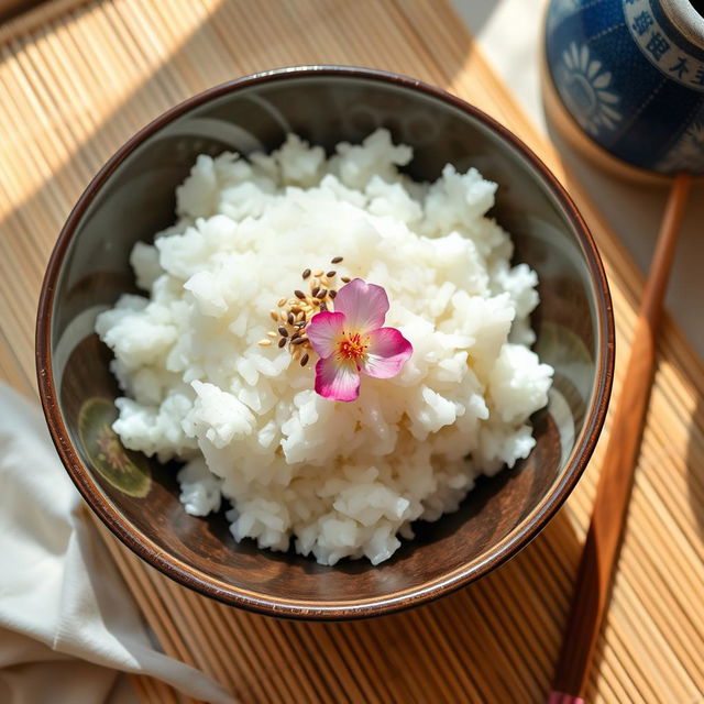 A beautifully arranged plate of steaming, fluffy white rice served in a traditional Japanese bowl