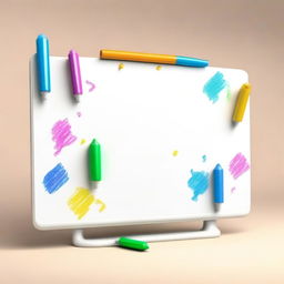 This is a high-quality 3D digital illustration of a cute, standard-sized whiteboard with multicolored dry erase markers' scribbles