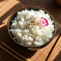 A beautifully arranged plate of steaming, fluffy white rice served in a traditional Japanese bowl