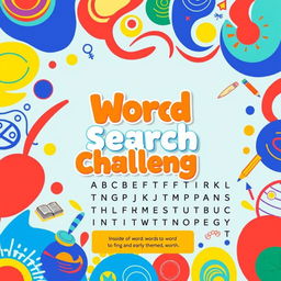 A vibrant and engaging cover design for a Word search book, featuring a collection of colorful abstract images that invoke a sense of fun and intellectual challenge