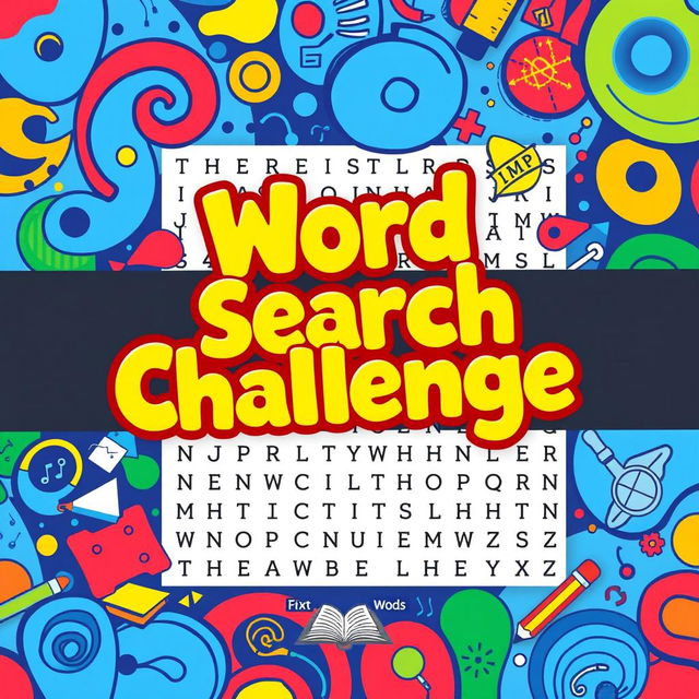 A vibrant and engaging cover design for a Word search book, featuring a collection of colorful abstract images that invoke a sense of fun and intellectual challenge