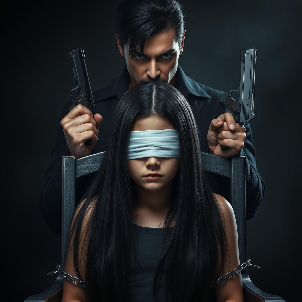 A dramatic scene depicting a girl with long black straight hair, chained to a chair, blindfolded and appearing vulnerable