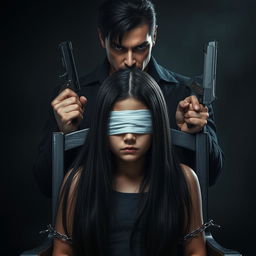 A dramatic scene depicting a girl with long black straight hair, chained to a chair, blindfolded and appearing vulnerable