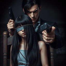 A dramatic scene depicting a girl with long black straight hair, chained to a chair, blindfolded and appearing vulnerable