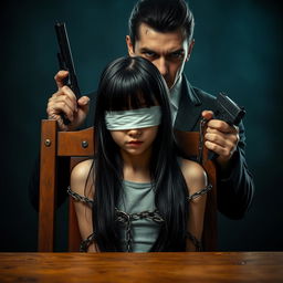 A dramatic scene depicting a girl with long black straight hair, chained to a chair, blindfolded and appearing vulnerable