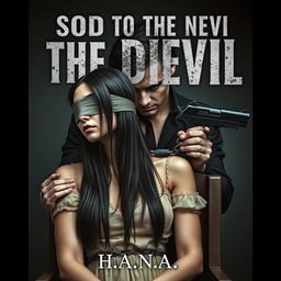 A book cover design featuring a 20-year-old woman with long, straight black hair, chained to a chair