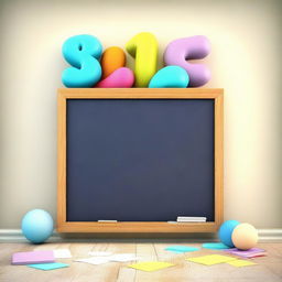 This is a 3D digital rendering of a cute, large school blackboard with handwritten letters and numbers