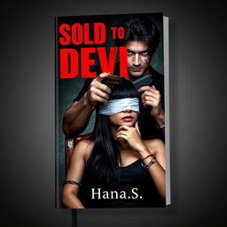 A book cover design featuring a dramatic scene: a 20-year-old woman with black straight hair, restrained and chained to a chair, wearing a blindfold