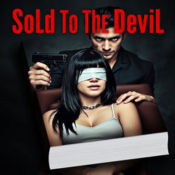 A book cover design featuring a dramatic scene: a 20-year-old woman with black straight hair, restrained and chained to a chair, wearing a blindfold