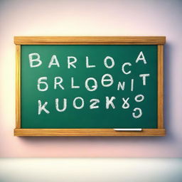 This is a 3D digital rendering of a cute, large school blackboard with handwritten letters and numbers