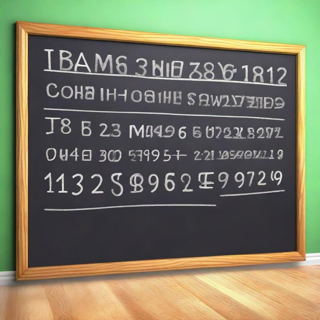 This is a high-quality 3D digital rendering of a large school chalkboard adorned with handwritten letters and numbers