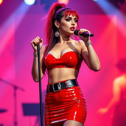 A stunning full-length image of a beautiful 28-year-old woman resembling Mylene Farmer, characterized by an alluring shapely figure