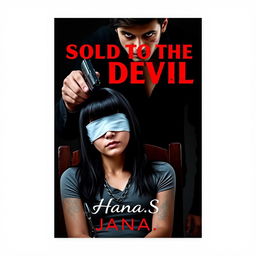 A dramatic book cover featuring a 20-year-old woman with black straight hair, chained to a chair, wearing a blindfold