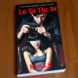 A dramatic book cover featuring a 20-year-old woman with black straight hair, chained to a chair, wearing a blindfold