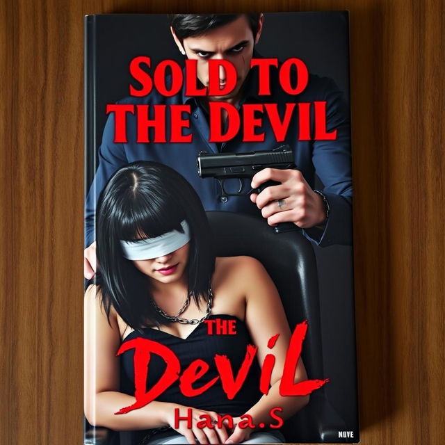 A dramatic book cover featuring a 20-year-old woman with black straight hair, chained to a chair, wearing a blindfold