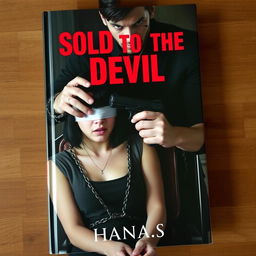A dramatic book cover featuring a 20-year-old woman with black straight hair, chained to a chair, wearing a blindfold